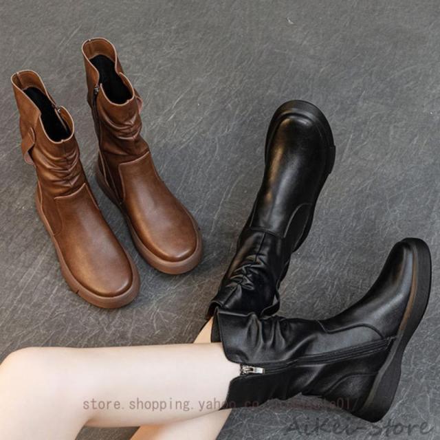 レディース ショートブーツ 本革 サイドジップ 厚底 インヒール 歩きやすい カジュアル レディースブーツ 合皮 柔らかい ソフトレザー ラウンドトゥ