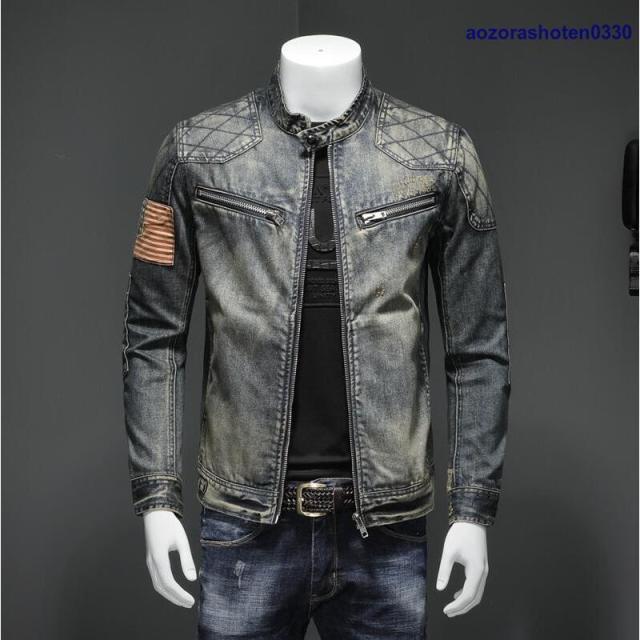 デニム ジャケット メンズ ジージャン アメリカ国旗柄 ダメージ加工 ヴィンテージ スリム カジュアル バイクウェア