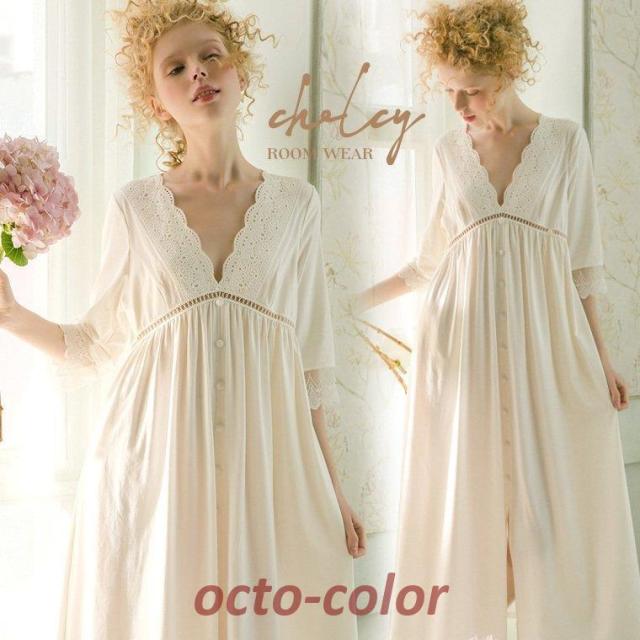 パジャマ ルームウェア レディース 春 夏 ワンピース 大人 可愛い 半袖 女性 レディース 部屋着 ナイトウエア 綿 レース 寝巻き ホワイト 白