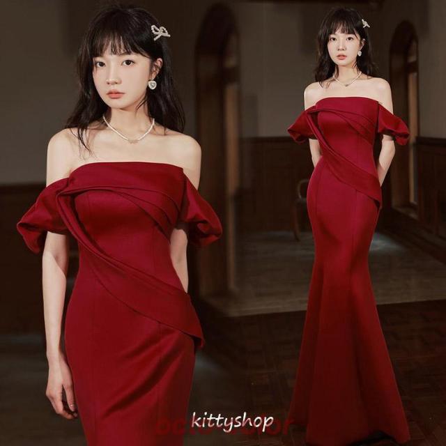 マーメイドドレス オフショルダー イブニングドレス ワイン赤 発表会ドレス サテン タイトドレス ワインレッド パーティードレス XS S M L XL XXL