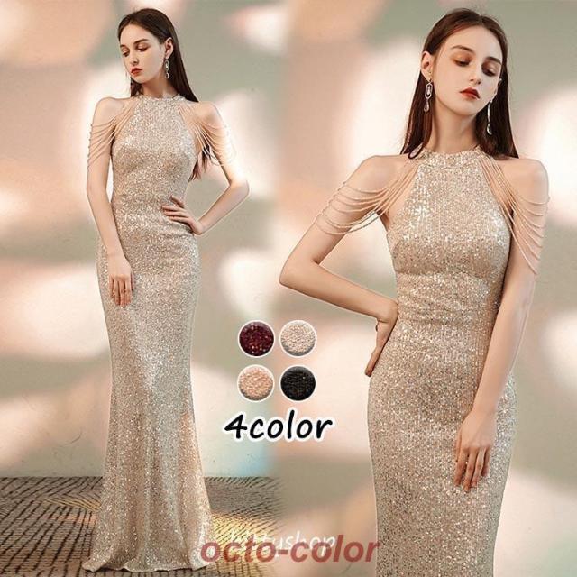 イブニングドレス マーメイドドレス キレイめ キラキラ スパンコール ドレス シルバー ゴールド 黒 ワイン赤 ロングドレス 発表会ドレス ナイトドレス
