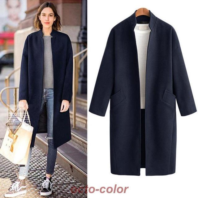 大きいサイズ コート ボタンレス アウター ロングコート チェスターコート ロング ロング丈 長袖 スタンドカラー ストレート Iライン かわいい 大人可愛い