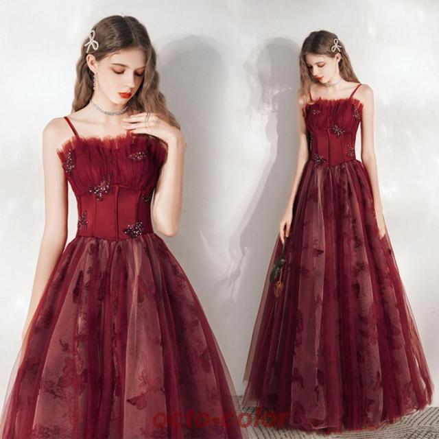 イブニングドレス ワイン赤 ノースリーブ キャミドレス 発表会ドレス ロングドレス 蝶柄 結婚式ドレス 二次会ドレス ゲストドレス パーティードレス Aライン