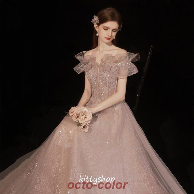 イブニングドレス オフショルダー キラキラ キレイめ ロングドレス ピンク ボートーネック フリル 結婚式ドレス 二次会ドレス Aライン パーティードレス