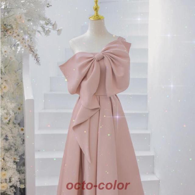 イブニングドレス ピンク オフショルダー 結婚式ドレス サテン ドレス シンプル 優雅 エレガント ロングドレス 発表会ドレス パーティードレス 二次会ドレス