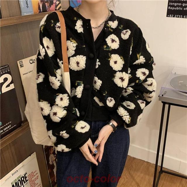 花柄 トップス カーディガン ミニ ミニ丈 ショート ショート丈 長袖 パフスリーブ ラウンドネック ストレート もこもこ モコモコ 前開き ボア 厚手 かわいい