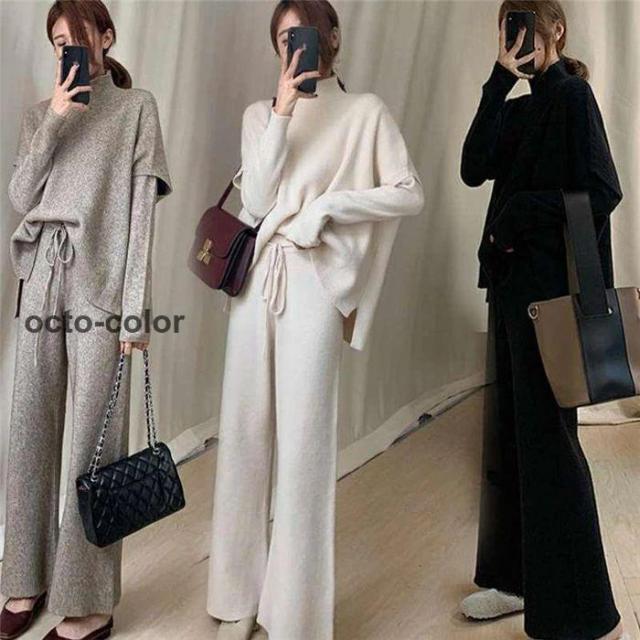 セットアップ レデイーズ 3点セット ニット ベスト インナーニット ガウチョパンツ 無地 大きいサイズ ゆったり 大人 女子 通勤 春 秋 体型カバー 着痩せ シンプ