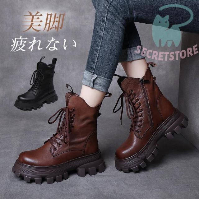 ショートブーツ ブーティー レディース 厚底 本革 牛皮 美脚 シューズ 秋冬 滑り止め 履きやすい 歩きやすい 裏起毛 レース編み上げ ハイカット