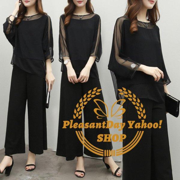 パンツドレス レディース ワイドパンツ パーティードレス シースルー シフォン シンプル エレガント 七分袖 結婚式 パーティー 入学式 入園式 卒業