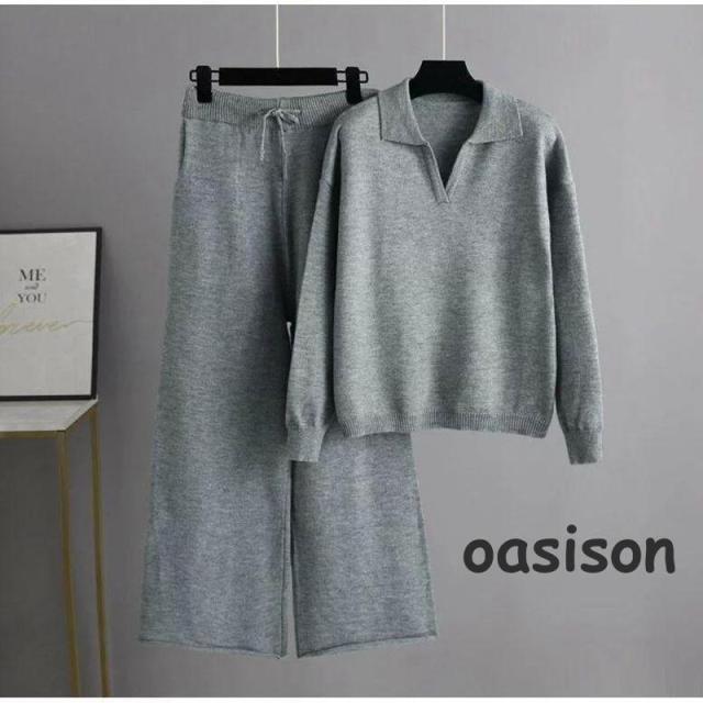 セットアップ レディース 秋 冬 ニット セットアップ ワイドパンツ レディース 秋冬 長袖 ポロシャツ ポケット ケーブル編み おしゃれ セーター ニットパンツ