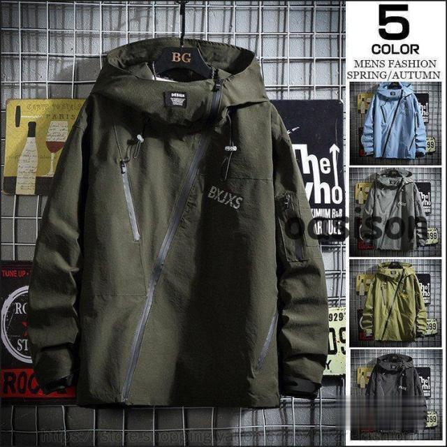 マウンテンパーカー メンズ ボリュームフード ジャケット ブルゾン ジャンパー 斜めのジップ お洒落 ライトアウター