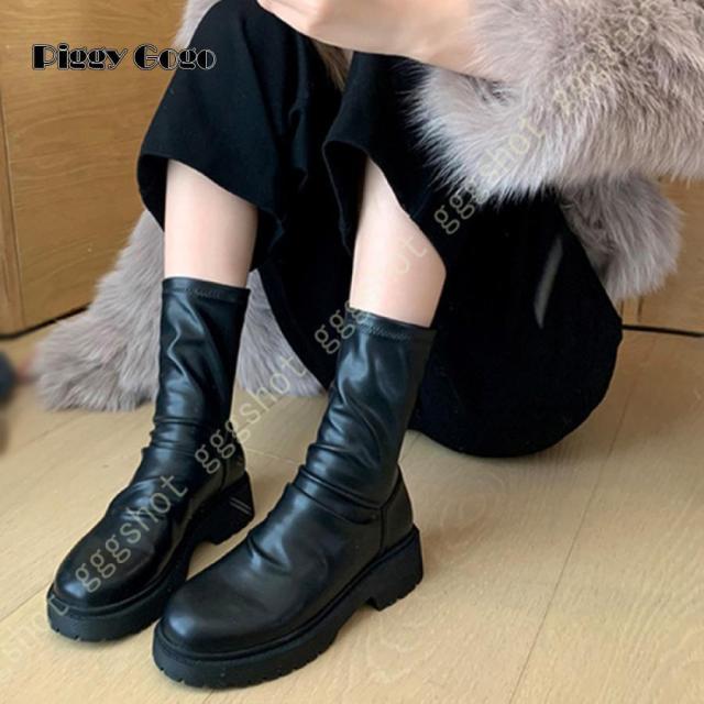 ラウンドトゥショートブーツ レディース サイドジップブーツ ストレッチ 歩きやすい 滑りにくい 柔らかい 幅広 ラウンドトゥ ローヒール 本革 ミドルブーツ