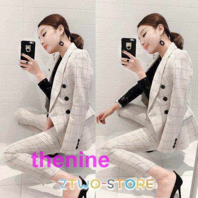スーツ レディース チェック柄 ベージュ 2点セット パンツスーツ フォーマル レディーススーツ 通勤 OL お洒落 オフィススーツ 春 秋 冬 セレモニースーツ 大人