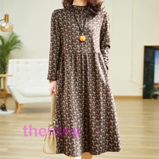 ハイネック レトロプリント ワンピース レディース 秋春 長袖 ワンピース ミモレ丈 上品 きれいめ カジュアル 通勤 旅行 お出かけ 30代 40代 50代 60代 シニア
