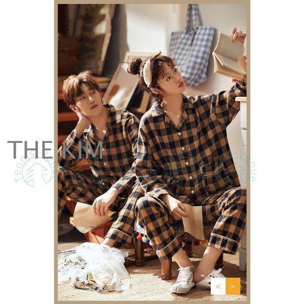 ペアパジャマ カップル春秋 冬チェック柄綿 長袖パジャマ 前開き ルームウェア レディース メンズ 恋人 お揃い 上下セット ペアルック 長ズボン 部屋着 単品売り