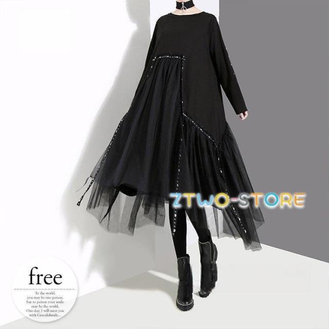 ワンピース レディース 長袖 チュールスカート おしゃれ モード系 かっこいい 大人スタイル ブラック モダン イベント清楚 可愛い レディース 美人