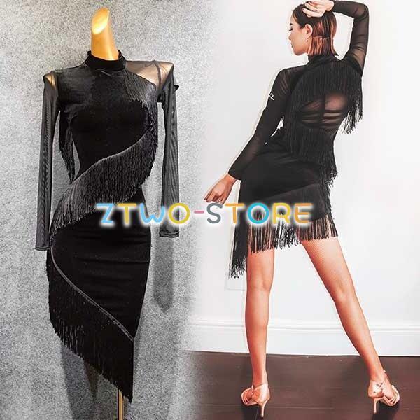 社交ダンス ラテンドレス 長袖 フリンジ付き ラテンダンス ダンス衣装 ワンピース 練習着 チャチャチャ ラテン ステージ衣装 演出着 ブラック