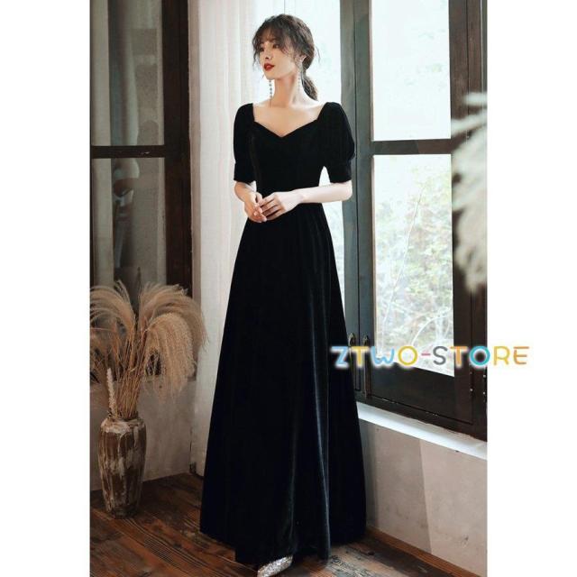 パーティードレス ロング 結婚式 お呼ばれドレス 黒 ロングドレス 演奏会 袖あり 半袖 大きいサイズ 3L 小さいサイズ 上品 ハイウエスト シンプル