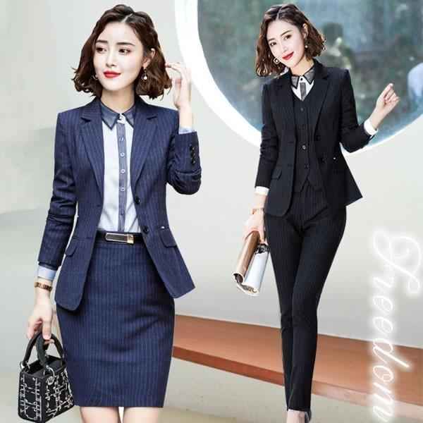 大きいサイズ 卒業式 パンツスタイルorスカートスタイルの3点セット！ベスト付ストライプ柄ベーシックデザインレディーススーツ 2L 3L 4L 5L サイズ セール