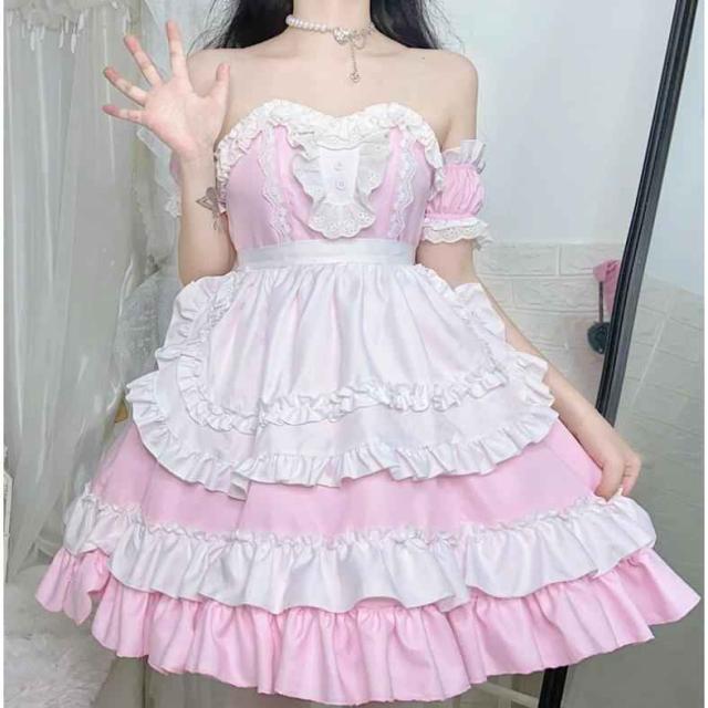 メイド服ノースリーブワンピース コスプレ衣装ハロウィン仮装3点セット ロリータ ゴスロリ レディース コスチューム フルセット可愛い ピンク全店二点送料無料