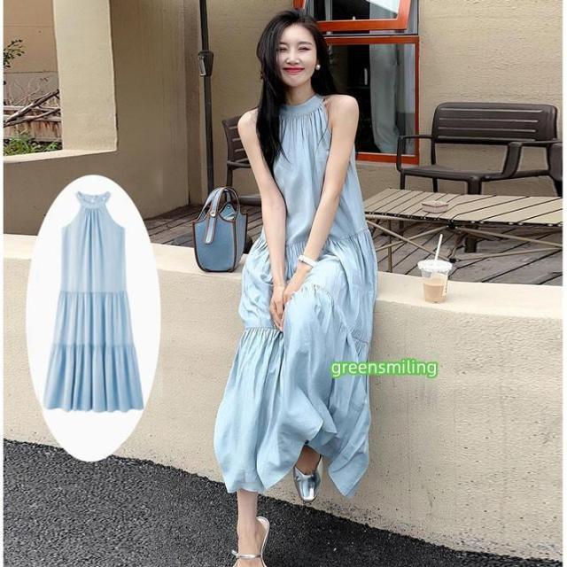 リゾートワンピース レディース サマードレス ワンピース ブルー 夏ワンピ ロング おしゃれ ファッション 春夏 カジュアル 大きいサイズ 体型カバー