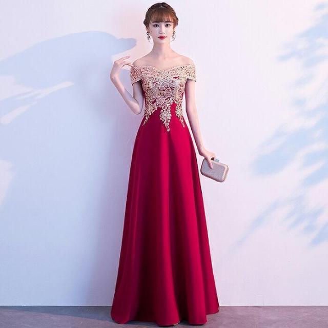 カラードレス パーティードレス 演奏会 フォーマル カクテルドレス コンサート ウェディングドレス 結婚式 二次会 ワインレッド オフショルダー ファスナー