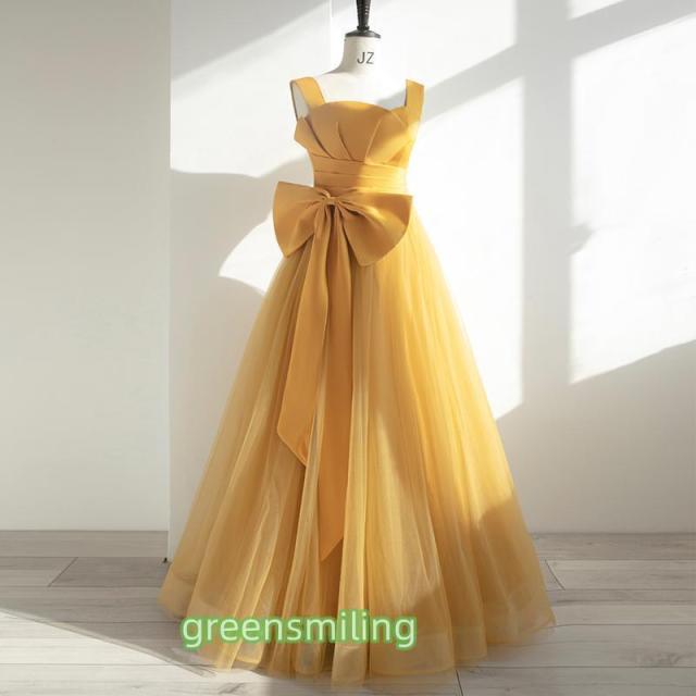 カラードレス 編み上げ イー 袖なし リボン 前撮り 黄色 ロングドレス 結婚式 二次会 発表会 演奏会 ウェディングドレス ウエディングドレス Aラインドレス