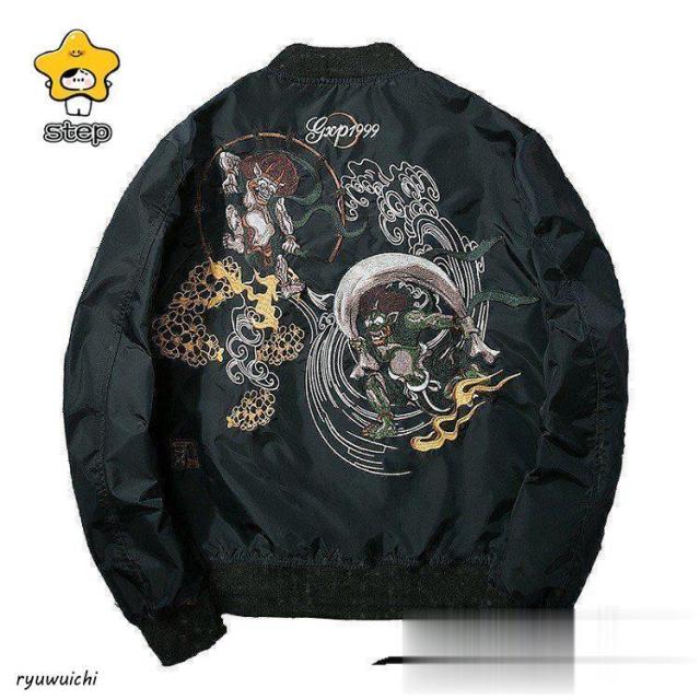 スカジャン 長袖 メンズジャケット 刺繍 ミリタリー カジュアル 風神雷神 横須賀風 バイクジャンパー　黒　秋冬物 ポイント消化