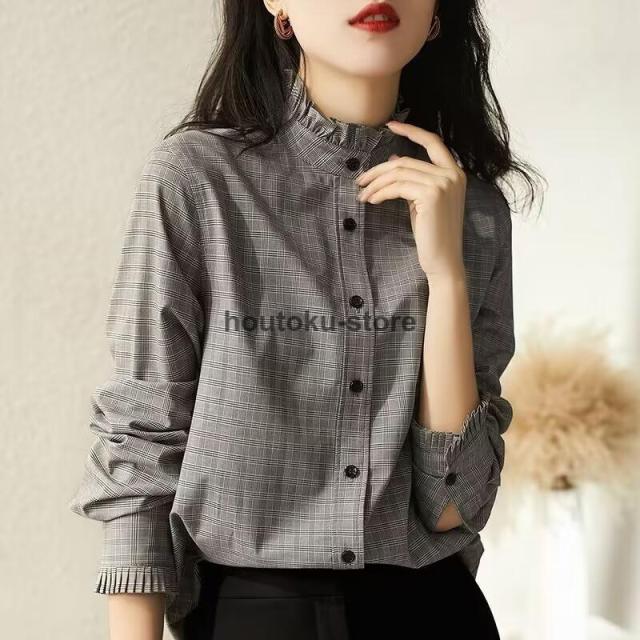 ブラウス レディース シャツ 長袖 チェック柄 綿 立ち襟 フリル