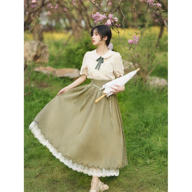 ロリータ セットアップ シャツ スカート ヨーロッパ 半袖 長袖 ロング丈 Aライン Lolita 編み上げ 可愛い レディース コスチューム 仮装 cos_13
