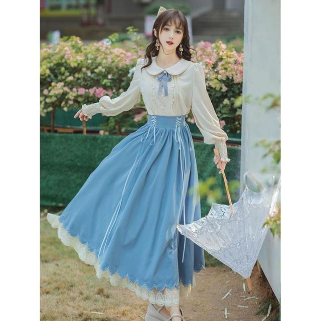 ロリータ セットアップ シャツ スカート ヨーロッパ 半袖 長袖 ロング丈 Aライン Lolita 編み上げ 可愛い レディース コスチューム 仮装 cos_5
