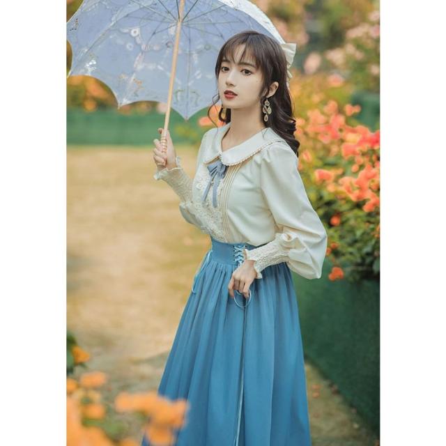 ロリータ セットアップ シャツ スカート ヨーロッパ 半袖 長袖 ロング丈 Aライン Lolita 編み上げ 可愛い レディース コスチューム 仮装 cos_6