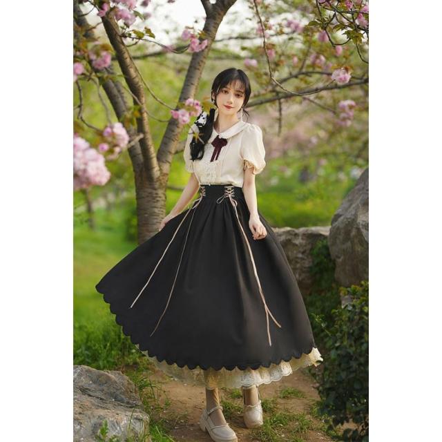 ロリータ セットアップ シャツ スカート ヨーロッパ 半袖 長袖 ロング丈 Aライン Lolita 編み上げ 可愛い レディース コスチューム 仮装 cos_8