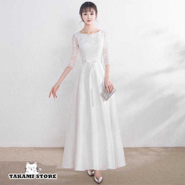 【爆買】ウェディングドレス 花柄 レース 結婚式 花嫁 二次会 ロングドレス 白 ホワイト ミディアム丈 袖あり 五分袖 ウエストマーク 大きいサイズ 3L 4L