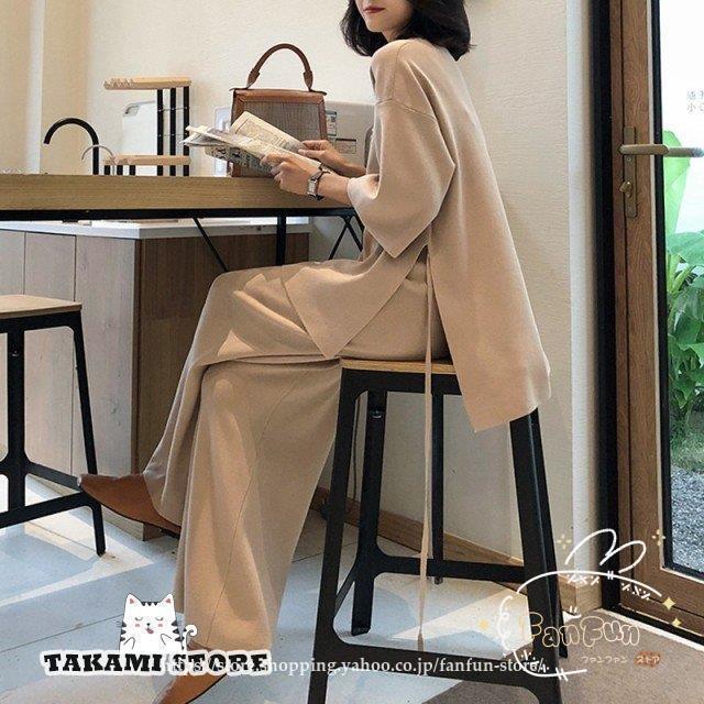 ニット セットアップ レディース 春 秋 冬 ニットパンツ ワイドパンツ セットアップ 20代 30代 40代 きれいめ 大きいサイズ 3L 4L 5L 黒