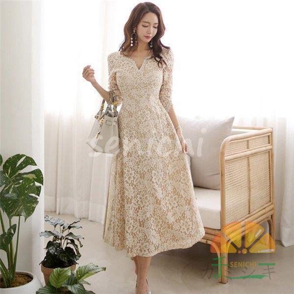 パーティードレス 結婚式 40代 20代 ロング 袖あり 長袖 韓国風 大きいサイズ フォーマルドレス レースワンピース Vネック お呼ばれ 二次会 披露宴 謝恩会 上