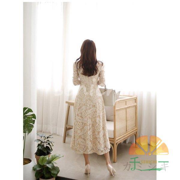 パーティードレス 結婚式 40代 20代 ロング 袖あり 長袖 韓国風 大きいサイズ フォーマルドレス レースワンピース Vネック お呼ばれ 二次会 披露宴 謝恩会 上