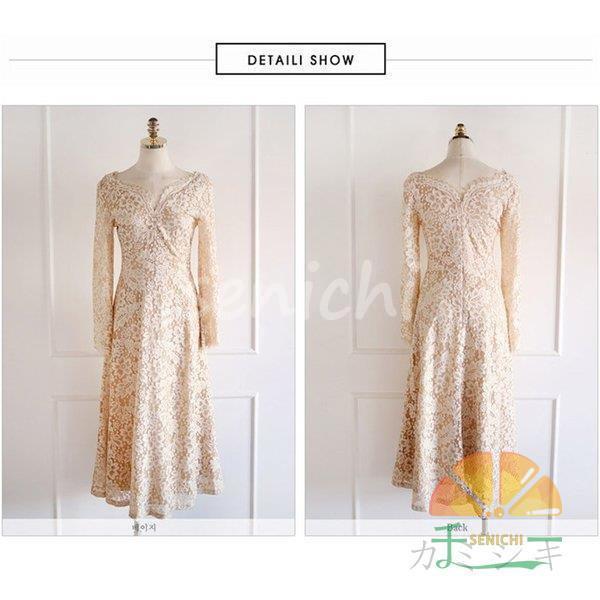 パーティードレス 結婚式 40代 20代 ロング 袖あり 長袖 韓国風 大きいサイズ フォーマルドレス レースワンピース Vネック お呼ばれ 二次会 披露宴 謝恩会 上