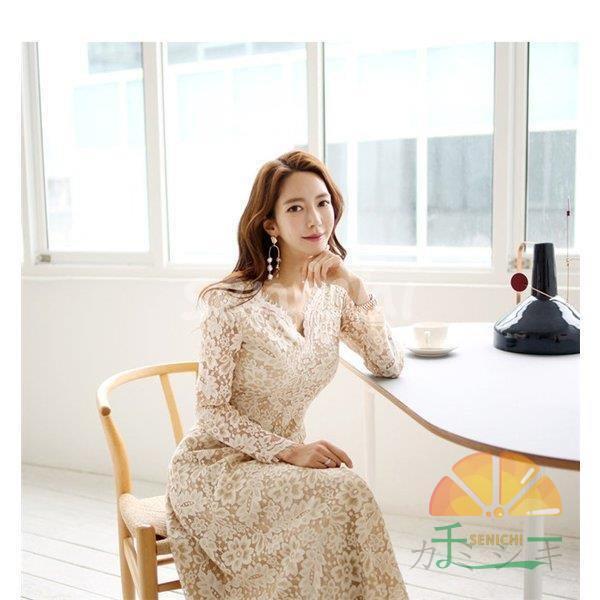 パーティードレス 結婚式 40代 20代 ロング 袖あり 長袖 韓国風 大きいサイズ フォーマルドレス レースワンピース Vネック お呼ばれ 二次会 披露宴 謝恩会 上