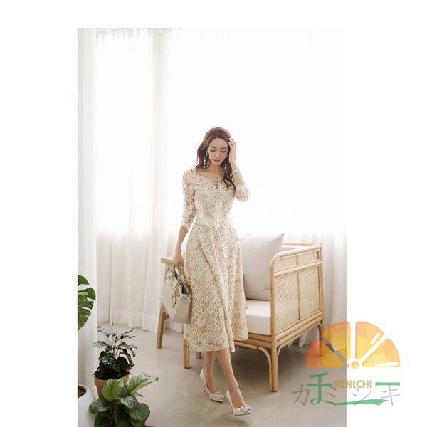 パーティードレス 結婚式 40代 20代 ロング 袖あり 長袖 韓国風 大きいサイズ フォーマルドレス レースワンピース Vネック お呼ばれ 二次会 披露宴 謝恩会 上