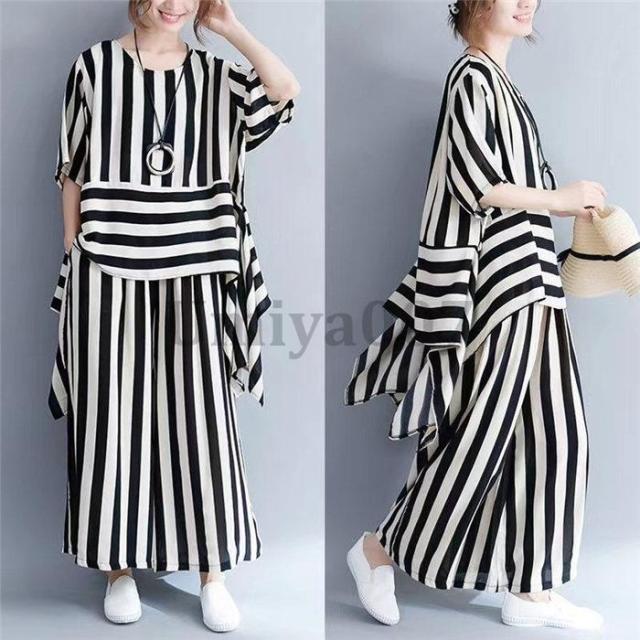 セットアップ レディース カジュアル 夏 40代 きれいめ 大きいサイズ ブラウス 半袖 不規則 ガウチョパンツ ウェストゴム 通勤 オシャレ 大人 着痩せ 新品