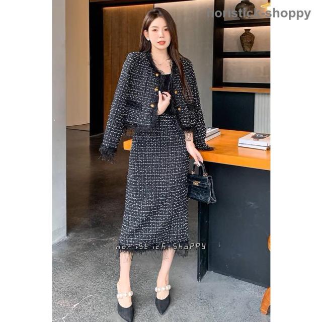 セットアップ スーツ レディース きれいめ ツイードスカート ノーカラー ツイードジャケット 大きいサイズ 秋 冬 韓国 ファッション 卒業式 入学式