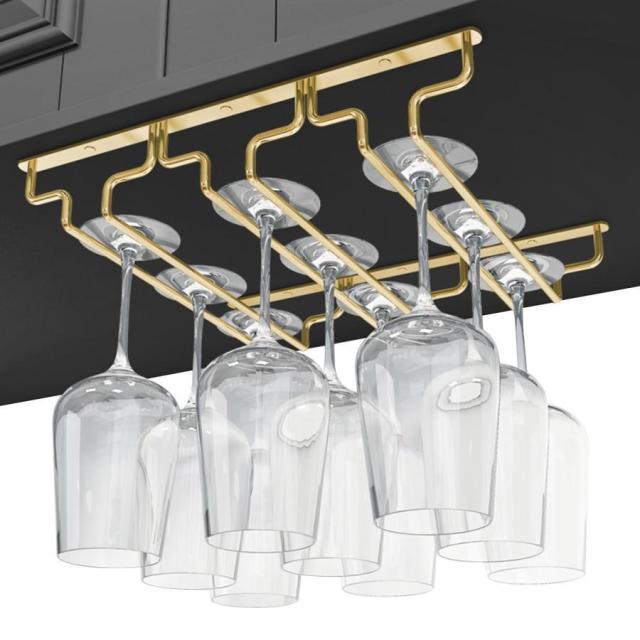 ゴールドワイングラスホルダー、ワイングラスハンガー、キャビネット下吊り下げワイヤー 脚付きグラスラックホルダー、ステンレス製 グラスハンガー、2スロット