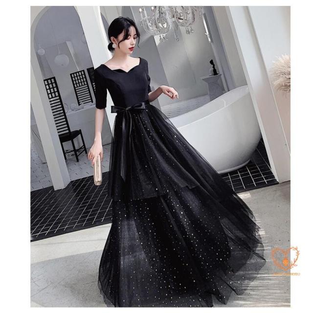 上品 袖あり ロングドレス ナイトドレス パーディードレス ウエディングドレス マキシ丈ワンピース ピアノ 成人式 結婚式 二次会 舞台用 披露宴 演奏会 発表会