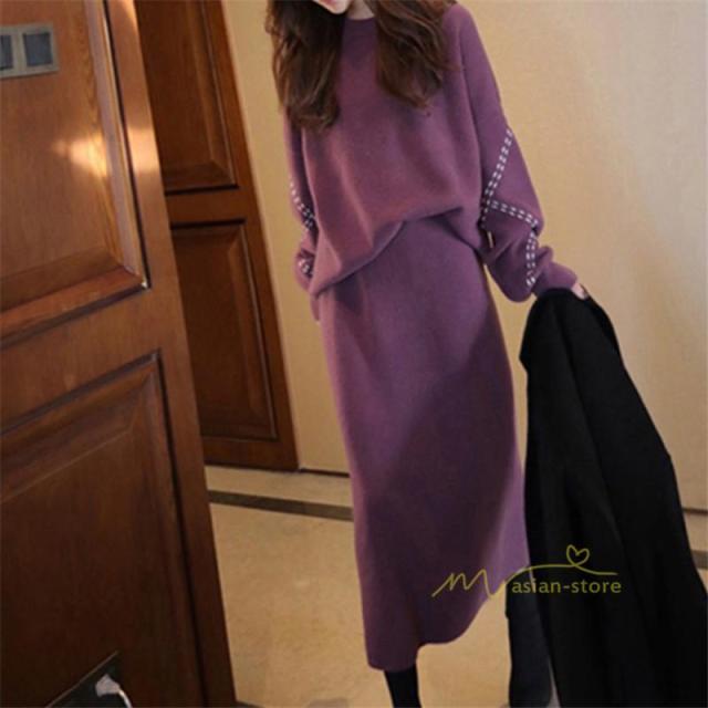 ニットセットアップ レディース 40代 春秋 長袖 ニット セーター スカートセットアップ 無地 ロング丈 オシャレ韓国風 カジュアル 2点セット オフィス オシャレ