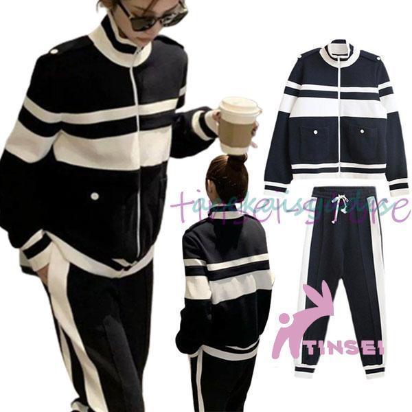 レディースファッション セットアップ レディース パンツ スウェット 上下セット 黒 スポーティー カジュアル ラフ ブラック ライン バイカラー ジャージ