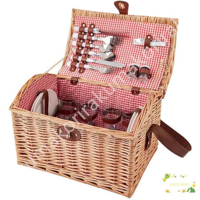ピクニックバスケット ピクニック 籠 ピクニックかご ウィロー ハンパー バスケット セット 調理器具 カトラリー付き ピクニックに最適 手作り 洗える裏地付き