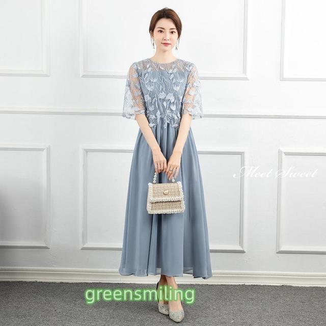 カラードレス 半袖 マキシドレス ネイビー ピンク ブルー パーティー