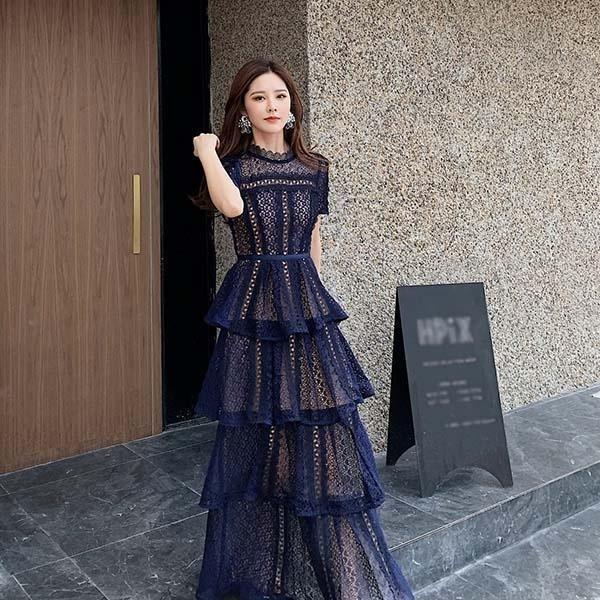 パーティードレス レース ワンピース スタンドカラー ロングドレス ティアードワンピース 半袖 ドレス 結婚式 母親 演奏会用ドレス_1