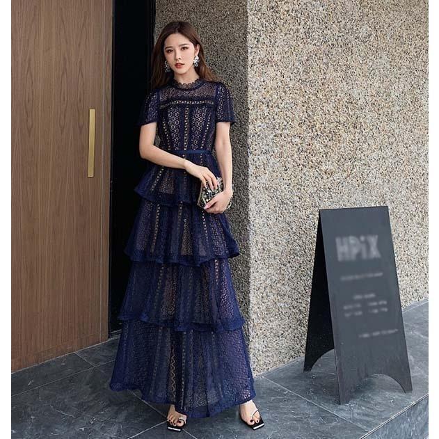 パーティードレス レース ワンピース スタンドカラー ロングドレス ティアードワンピース 半袖 ドレス 結婚式 母親 演奏会用ドレス_2